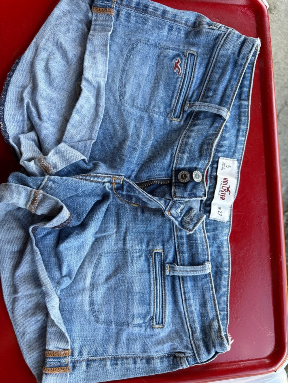 Hollister Light Blue Denim Shorts with Red Logo Tab